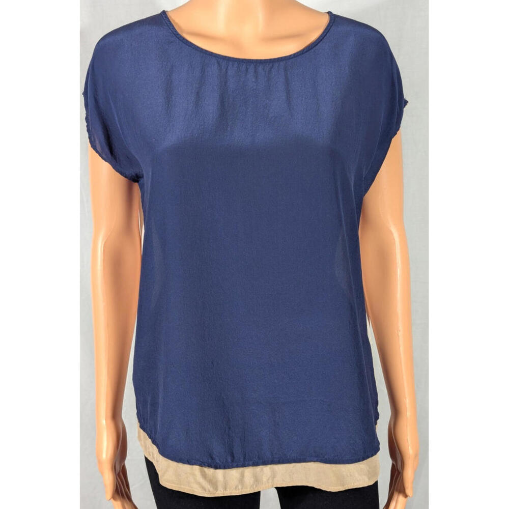 Joie 100% Silk Top/Blouse Sz Med Cap Sleeve ColorBlock Blue /Ivory/Beige Resort